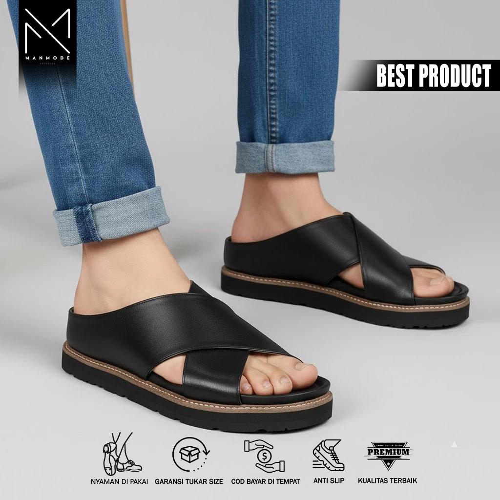 Sandal Slide Kulit Asli Pria Gaya Kasual yang Berkelas Outsole Karet Anti Slip - DERIO