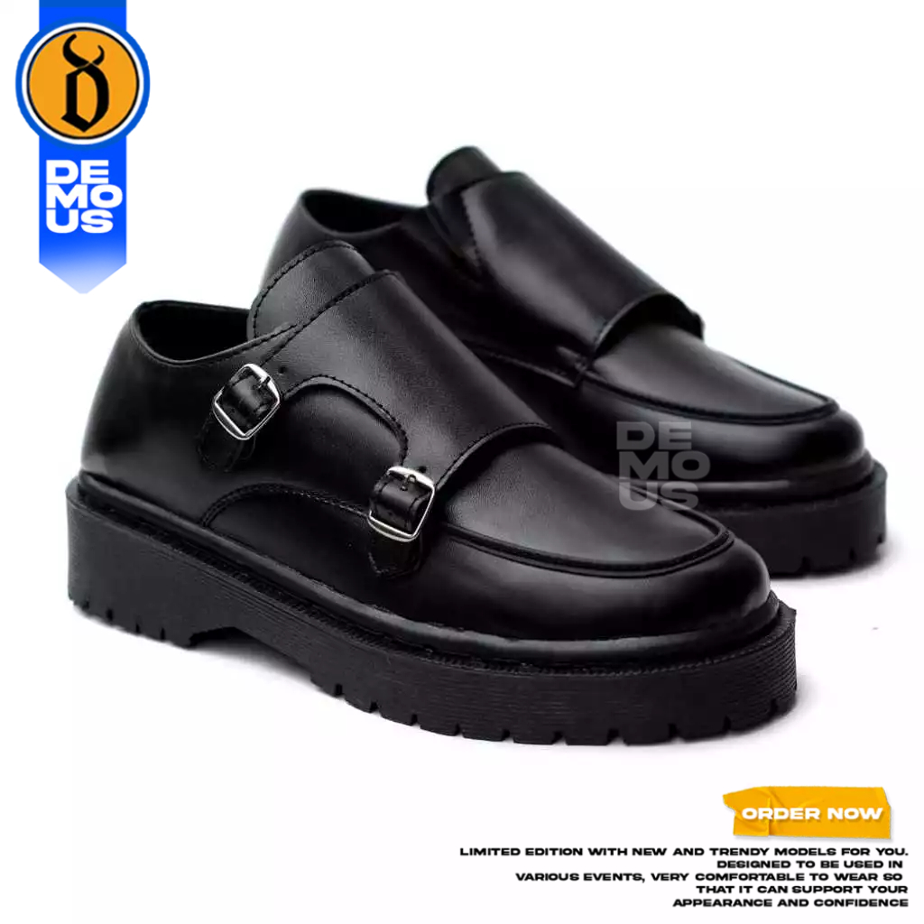 DEMOUS - Sepatu Pantofel Loafers Hitam Formal Kerja Sole Chunky Tebal Kekinian