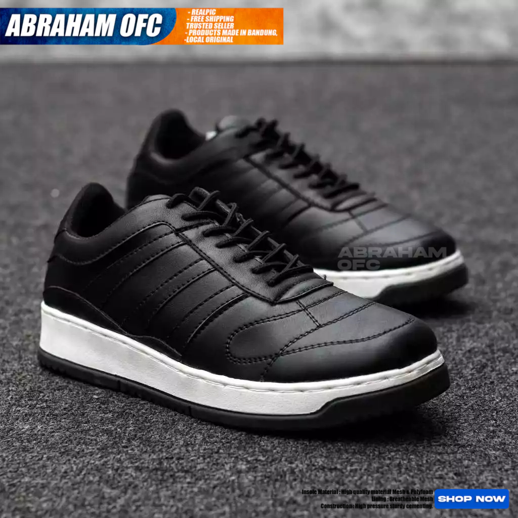 ABRAHAM Sepatu Sneakers Hitam Pria Kasual Sekolah Kulit Pu