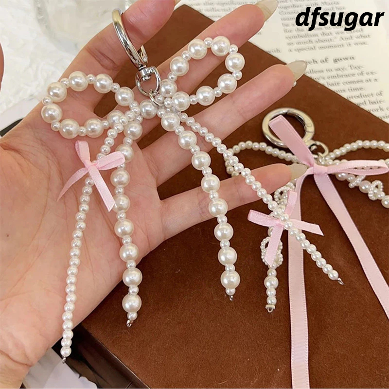 Gantungan Kunci Rantai Telepon Gantungan hp Lucu Manis Buatan Tangan Pita Mutiara Rantai Gantungan T