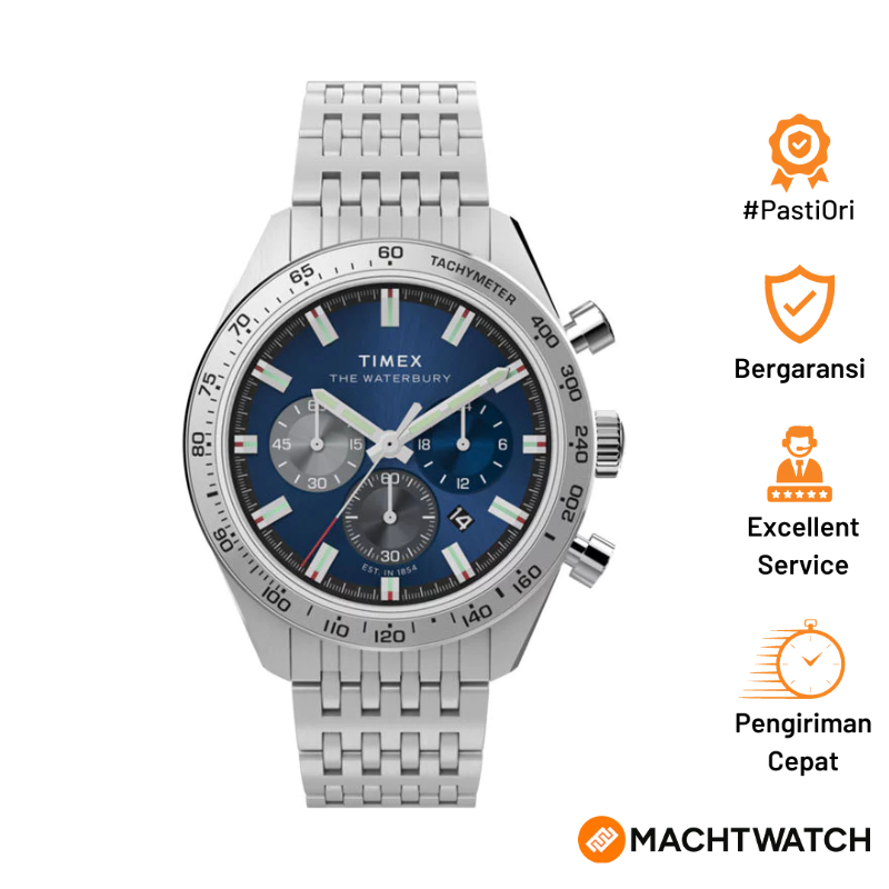 Jam Tangan Pria Timex Waterbury TW2Y18500 Traditional Chronograph Blue Dial Stainless Steel Strap