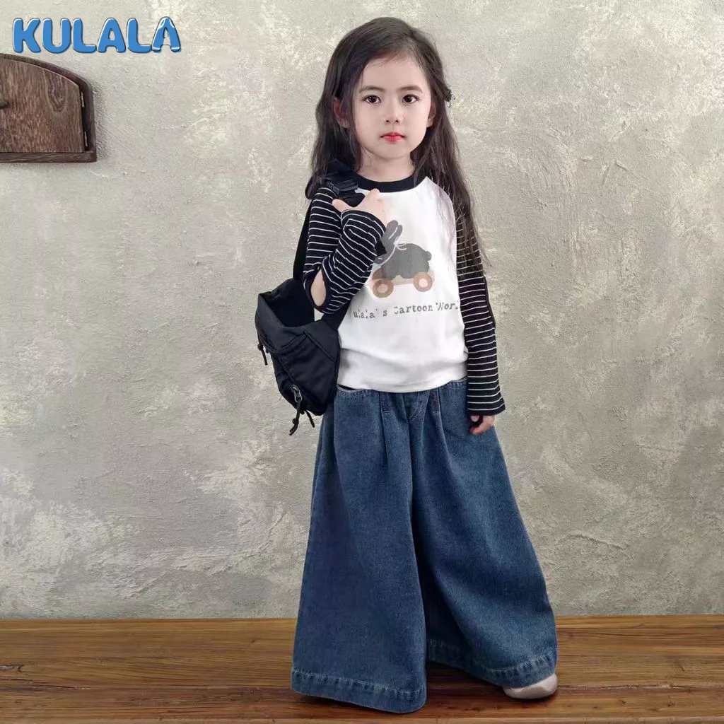 Set Baju Anak Perempuan Korean Style Kaos Kartun + Celana Kulot Denim Jeans Set Baju Anak Cewek Styl