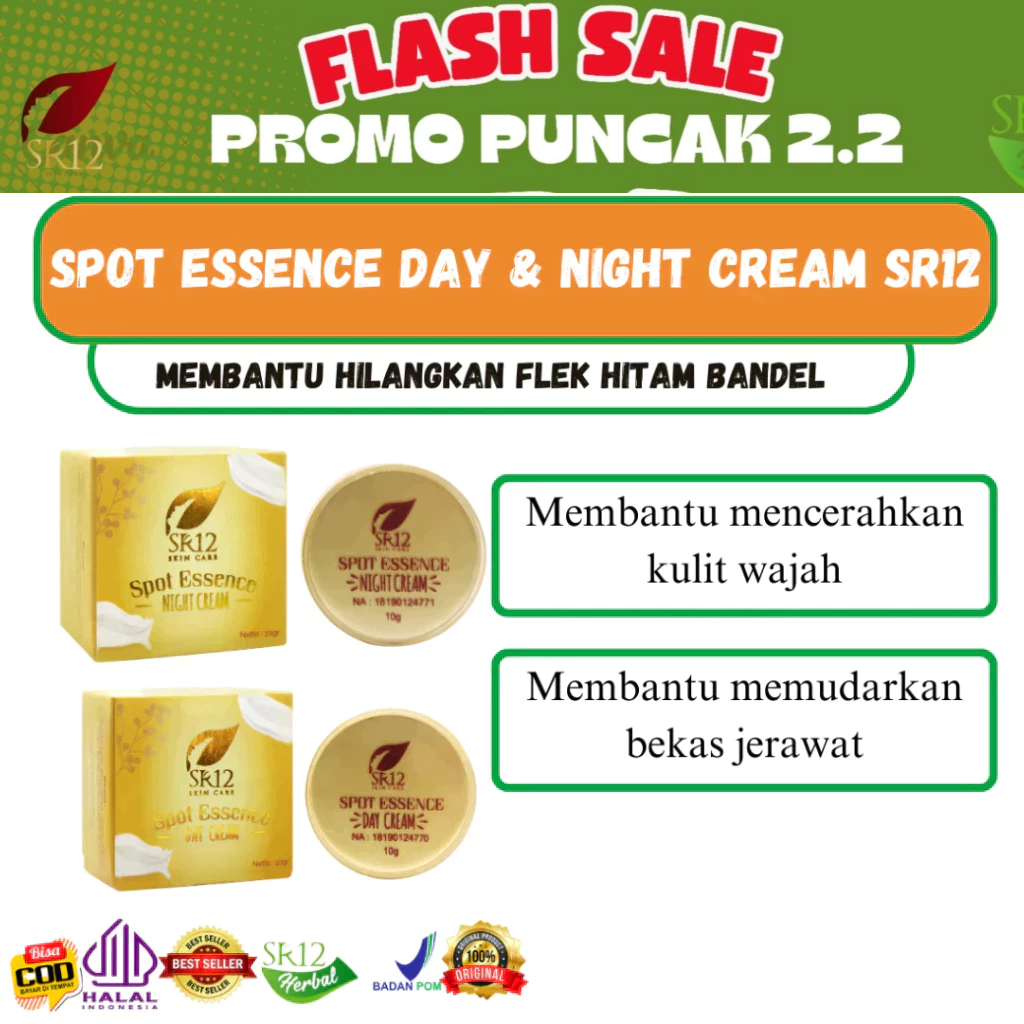 SPOT ESSENCE DAY & NIGHT CREAM SR12 STANDAR BPOM TUMPAS BEKAS JERAWAT , FLEK HITAM & NODA WAJAH