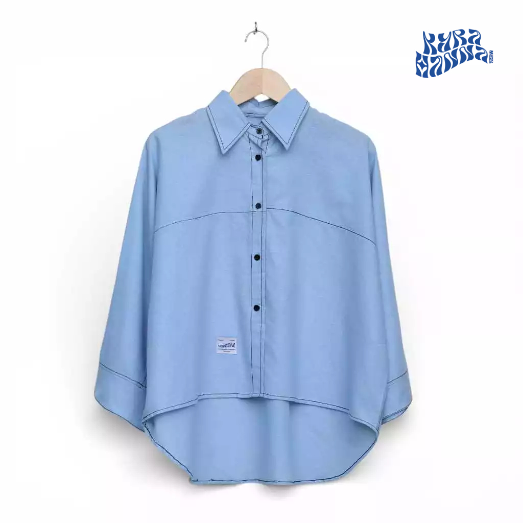 Kemeja Linen Oversize Wanita Biru Atasan Batwing Linen Premium Blouse Hijab Friendly