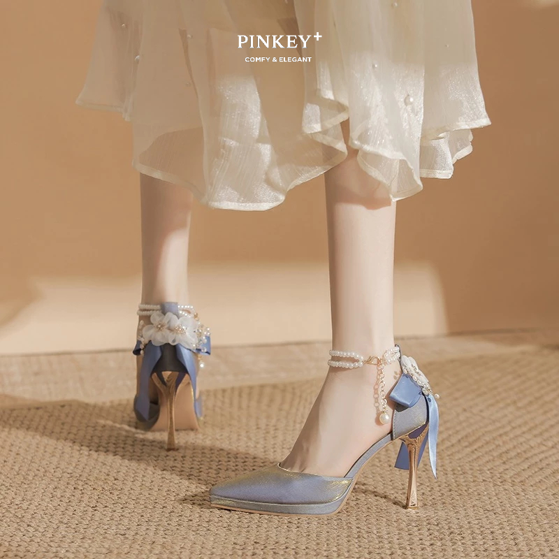 PINKEY P410 Pearl Ribbon Heels Wanita Elegan – High Heels Party Wedding Korean Style
