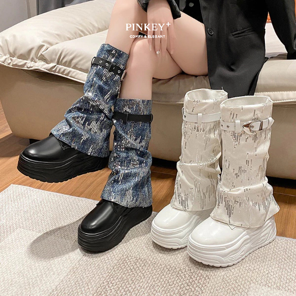 PINKEY P391 Sepatu Long Boots Wanita Sepatu Kulit Tinggi Boot Fashion Shoes Karet Putih