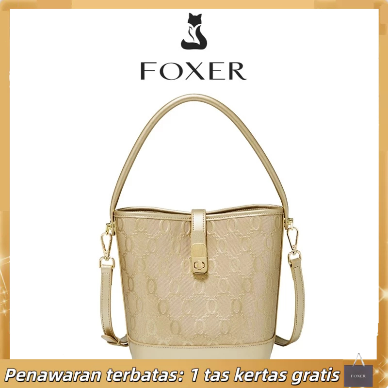 FOXER Tas Selempang Wanita Warna Emas Tas Bucket Mewah Bergaya Tas Kurir Kulit Asli