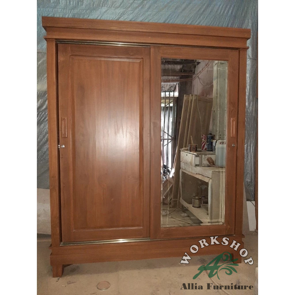 Lemari Pakaian Minimalis Kayu Jati 2 Pintu Sliding Model Jumbo