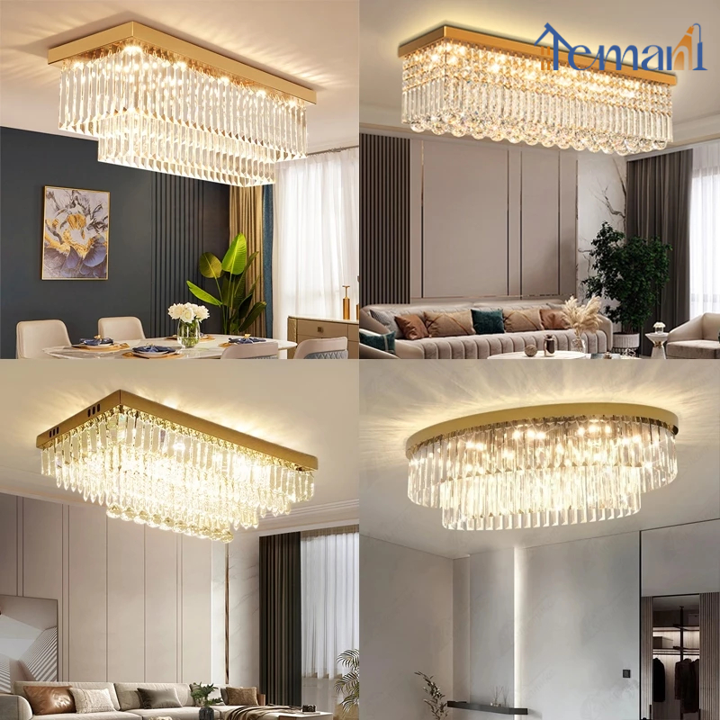 Lampu Gantung Kristal Ruang Tamu Mewah Besar LED 3 Warna 50cm Lampu Kristal Panjang Chandelier Plafo
