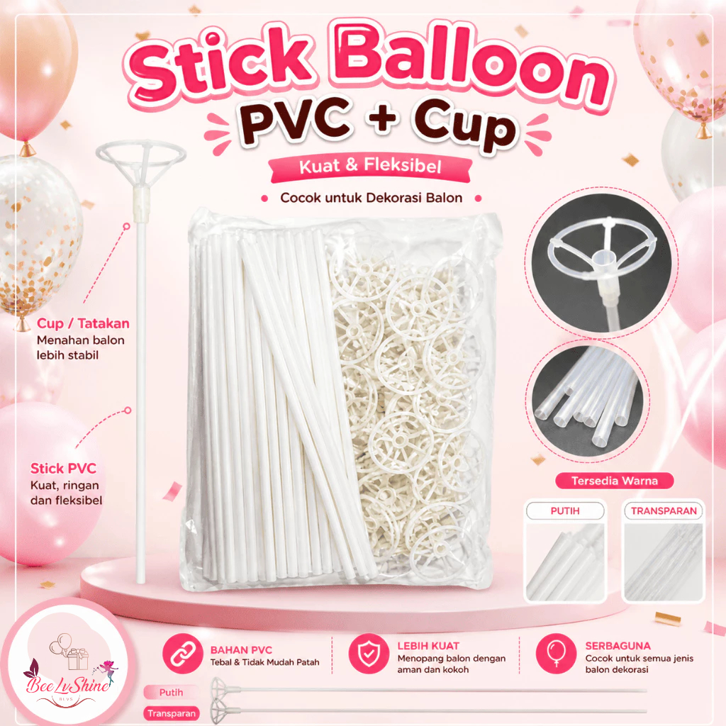 Stik Balon PVC 40cm + Cup | Stick Balon Transparan Putih Aksesoris Bouquet Balon