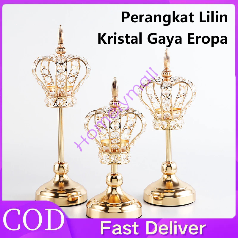 Gaya Eropa Mahkota Candlestick Peralatan Rumah Hiasan Galvanized Kerajinan Besi Kristal Candlestick 