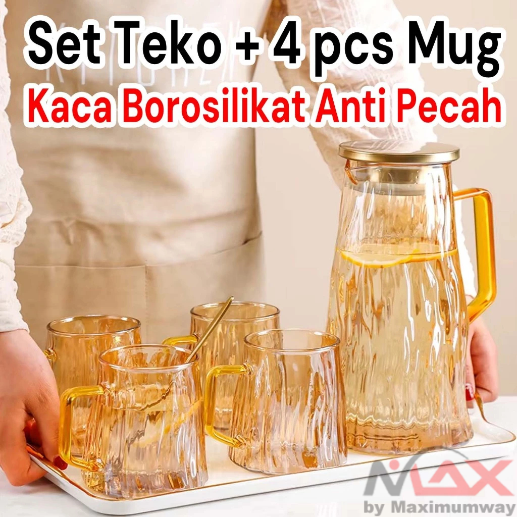 WLOKS Set Teko Kaca + 4 Mug Bahan Kaca Borosilikat Anti Pecah & Panas Jus kopi Sirop Teh Air Kulkas