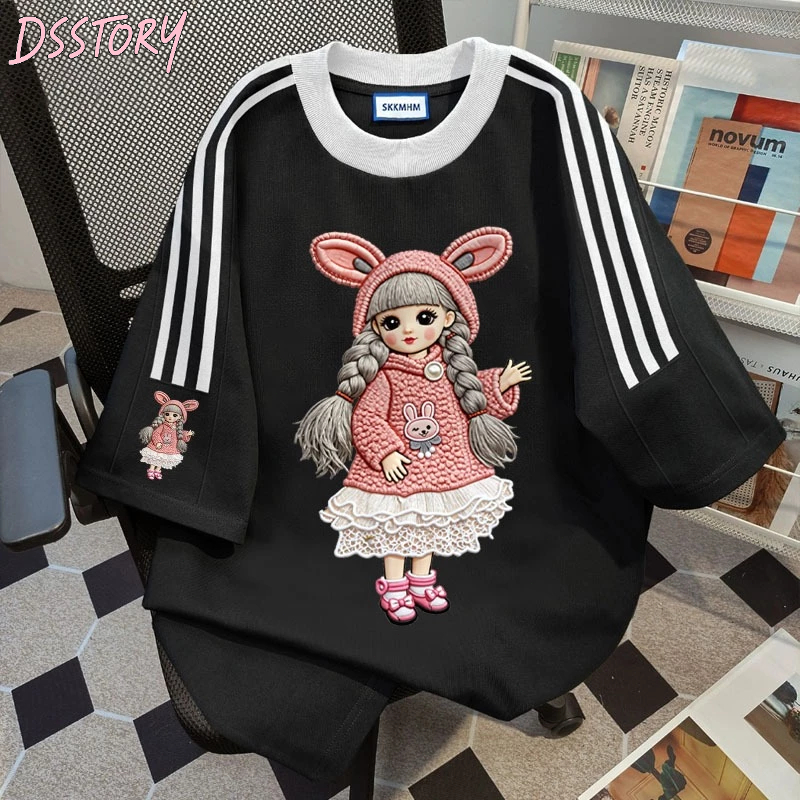 [COD]DSSTORY Kaos tiga garis gaya Korea Oversize Original Trend gadis dengan ekor kembar Print top|H