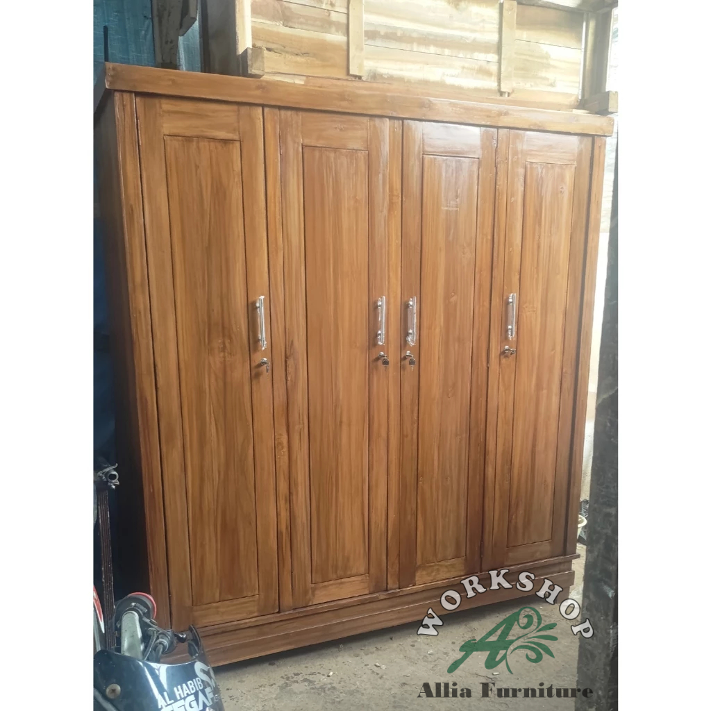Lemari Pakaian Kayu Jati Model Minimalis 4 Pintu polos dengan Engsel Stainless