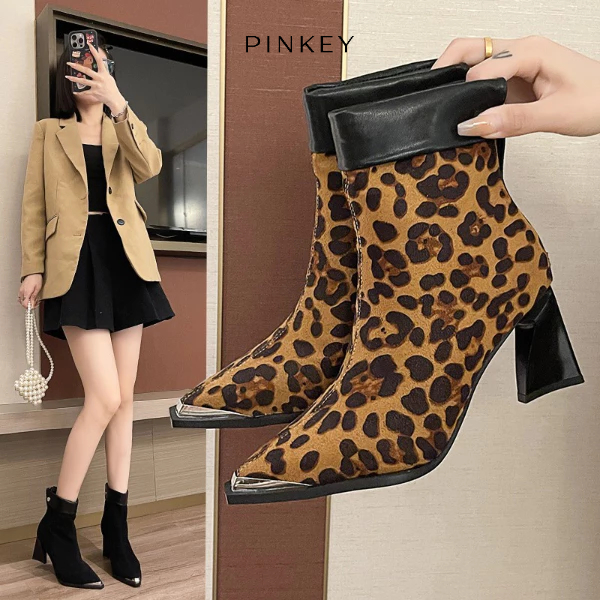 PINKEY P385 Sepatu Wanita Boots Suede Heels Hak Tinggi 7cm Model Boots Black Shoes