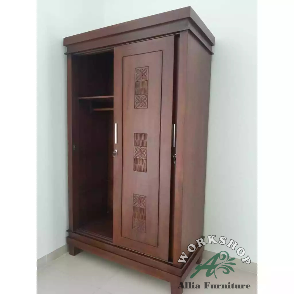Lemari Pakaian Kayu Jati 2 Pintu Geser Model Minimalis dengan Ukiran Motif