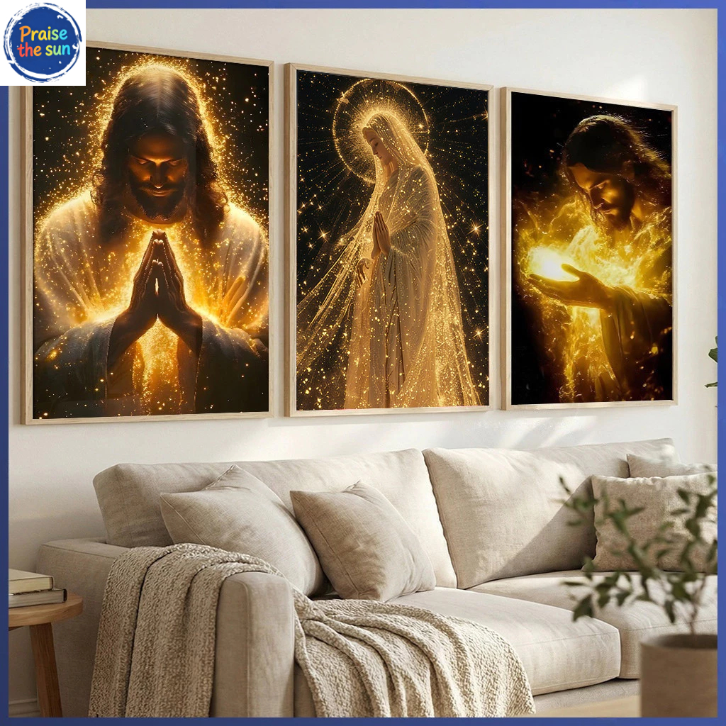 Hiasan Dinding Yesus Bunda Maria Emas Lukisan Tiga Panel Iman Kristen Hiasan Dinding Mewah Ruang Tam