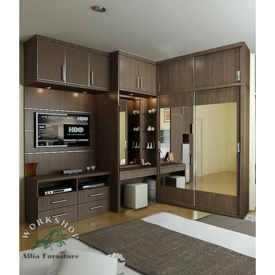 lemari pakaian minimalis unit plus ruang backdrop tv meja rias model astro