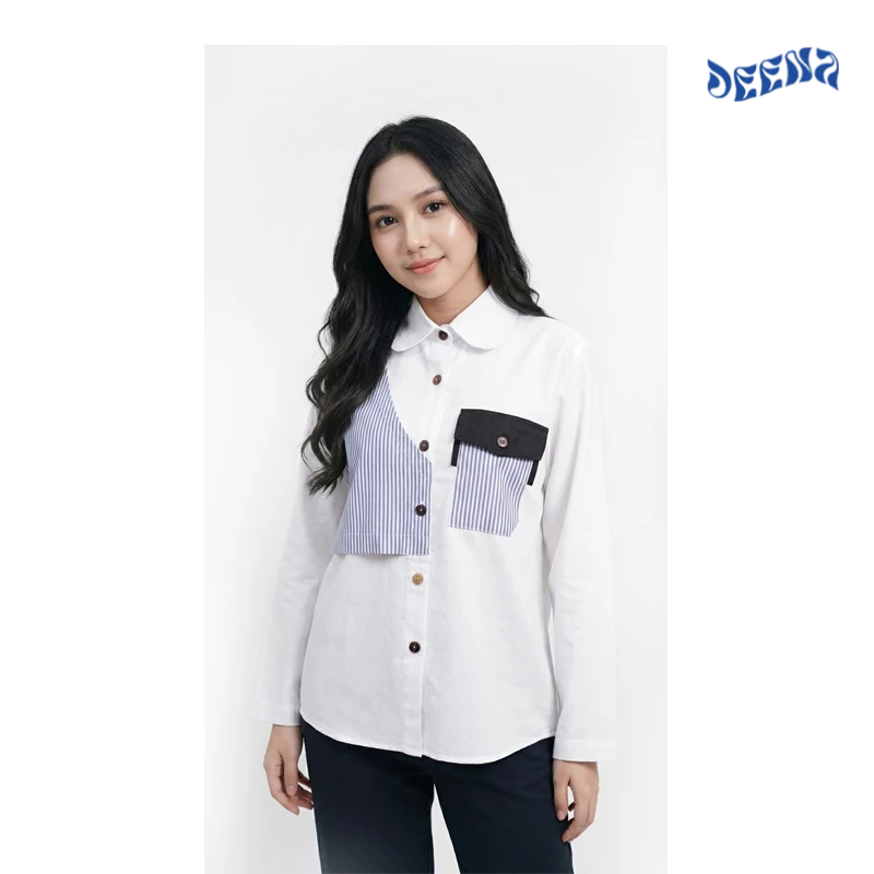 Kemeja Wanita Kombinasi Stripe Salur Premium - Atasan Blouse Kerja Korea Style - Baju Kantor Casual 