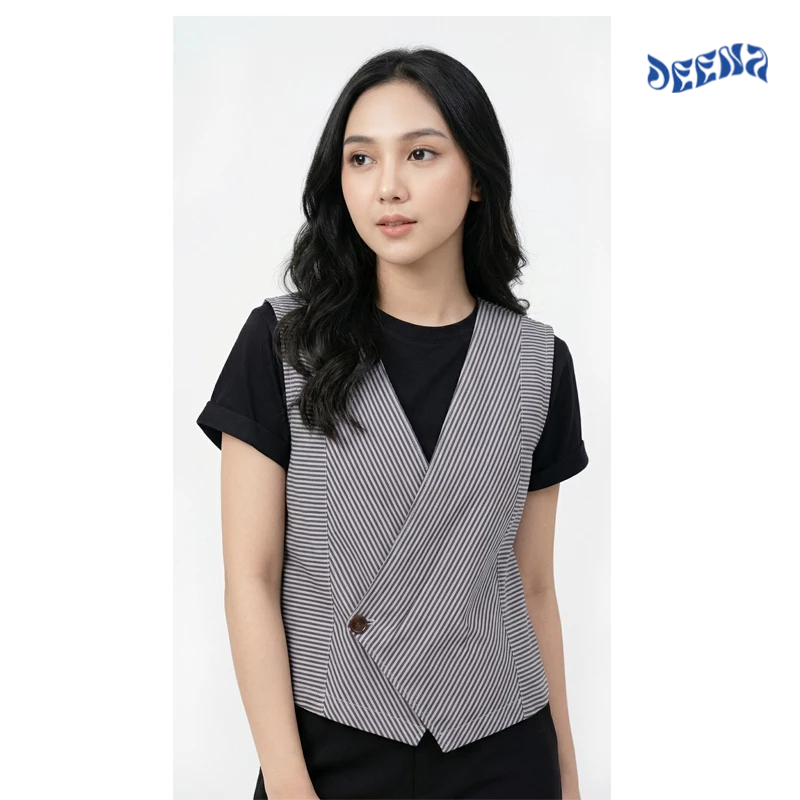 Vest Rompi Wanita Motif Salur Abu-Abu Hijab Friendly - Outer Stripe Sleeveless Blouse - Atasan Tanpa