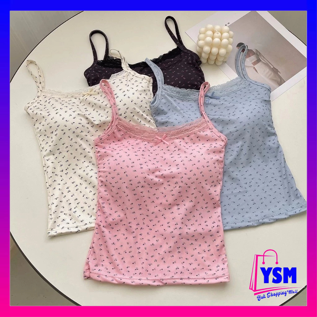 YSM Tanktop Wanita Singlet Motif Bunga Renda 7084 Bra Busa Tali Floral Lace Pita Lucu Atasan Knit Co