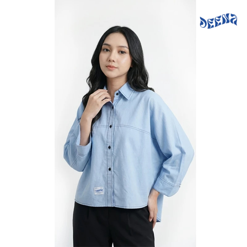 Kemeja Linen Oversize Wanita Biru Atasan Batwing Linen Premium Blouse Hijab Friendly