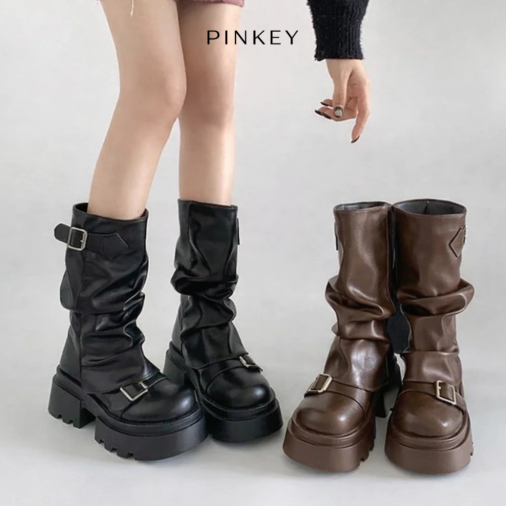 PINKEY P424 Mid Calf Boots Wanita Platform Lug Sole – Buckle Strap, Kulit Premium Look Boots Coklat