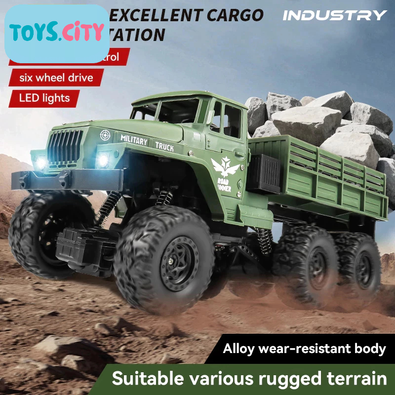 Mainan Mobil Truk Militer Remote Control dengan Lampu 2.4GHZ 4WD RC Mobil Truk Kargo Besar Bahan All