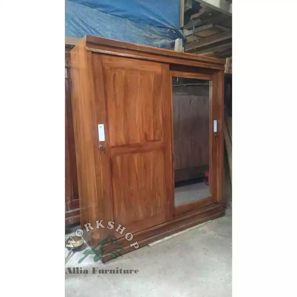 Lemari Pakaian Minimalis 2 Pintu Geser Kayu Jati Model M2 dengan 1 Pintu Kaca Cermin Full