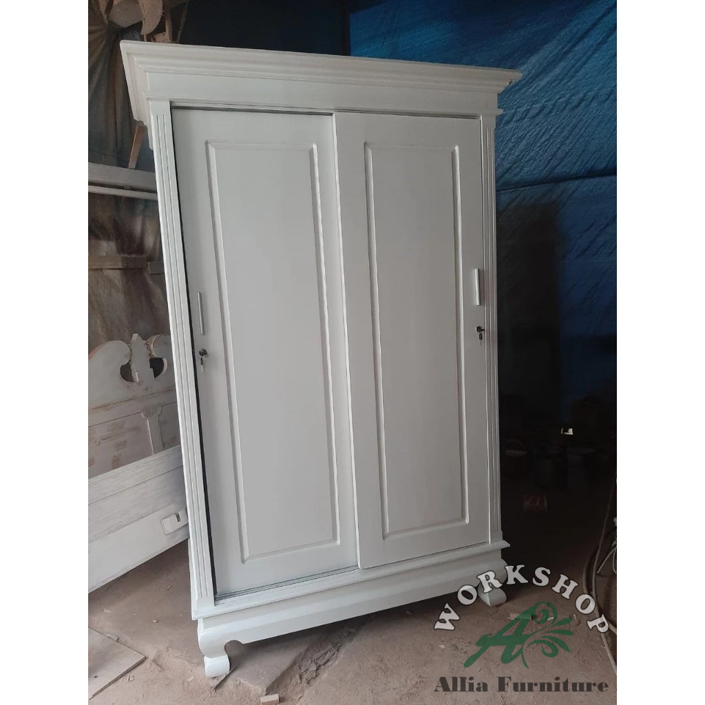 Lemari Pakaian Geser 2 Pintu Kayu Mahoni Warna Putih Cat Duco model paris