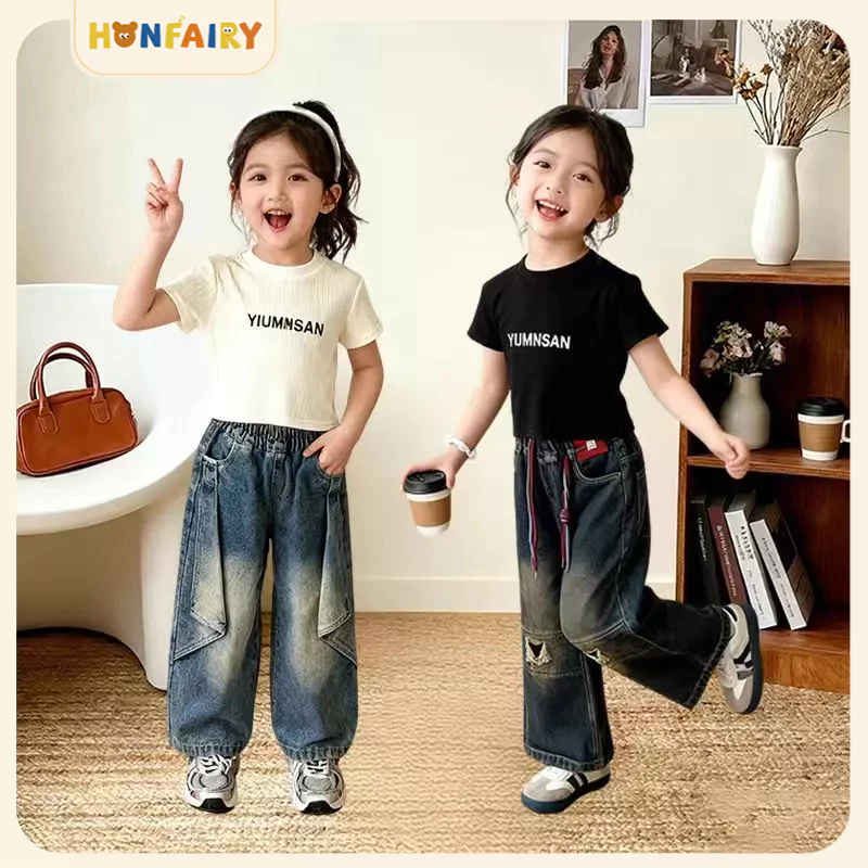 Set Korean Style Setelan Anak Perempuan T -Sirt Lengan Pendek+ Jeans Pakaian Kasual Anak Perempuan 2