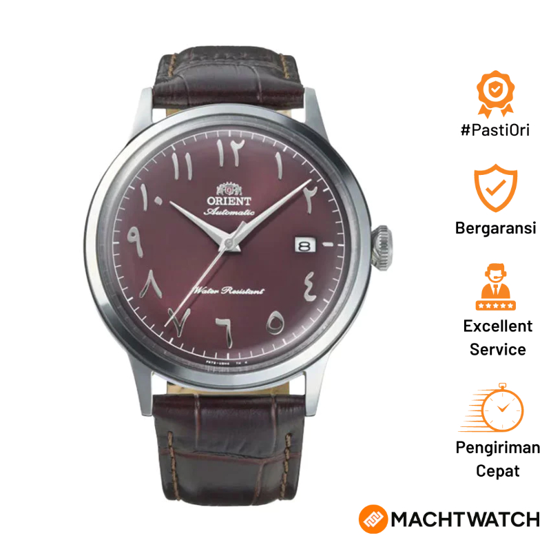 Jam Tangan Pria Orient Classic RA-AC0037R Bambino Automatic Bordeaux Arabic Dial Brown Leather Strap