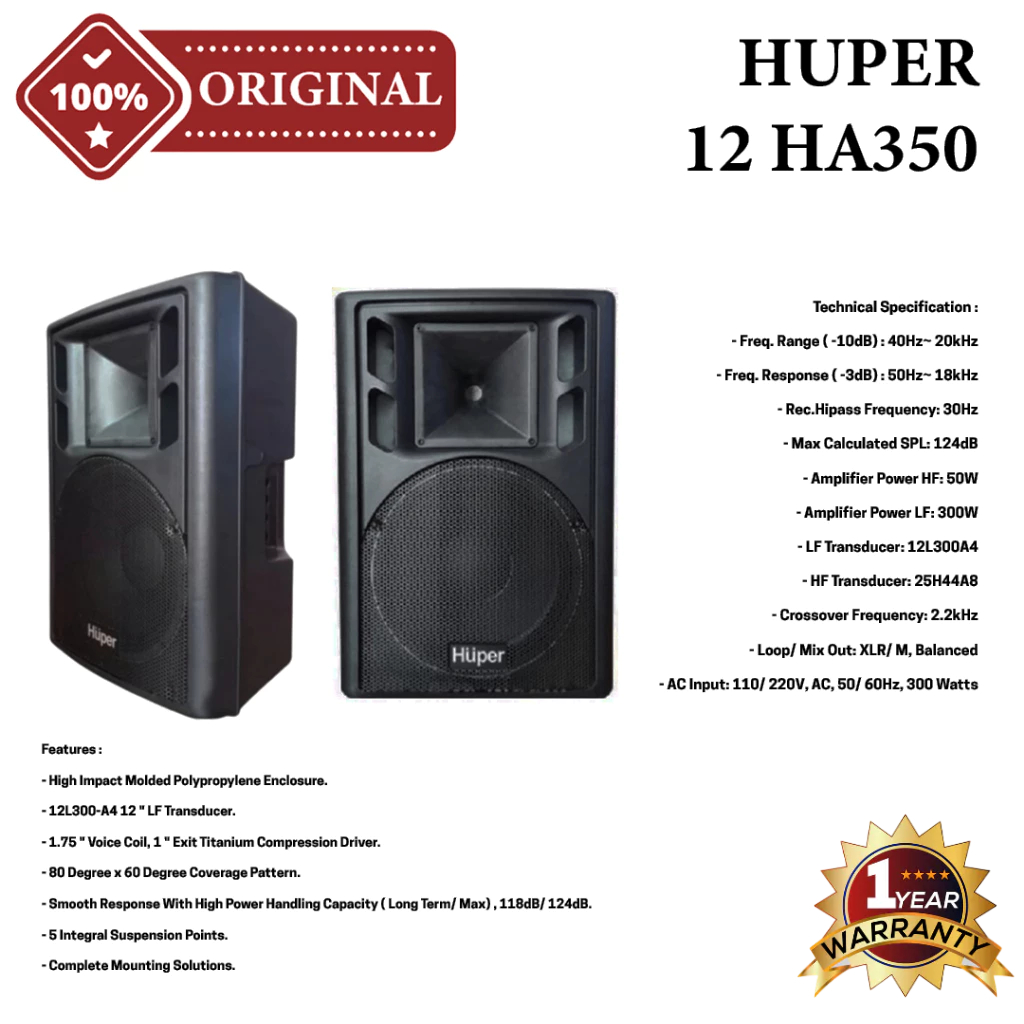Speaker Aktif 12 Inch HUPER 12HA350 | 12 HA350 | 12 HA 350 Original Harga 1 Unit dan 1 Pasang