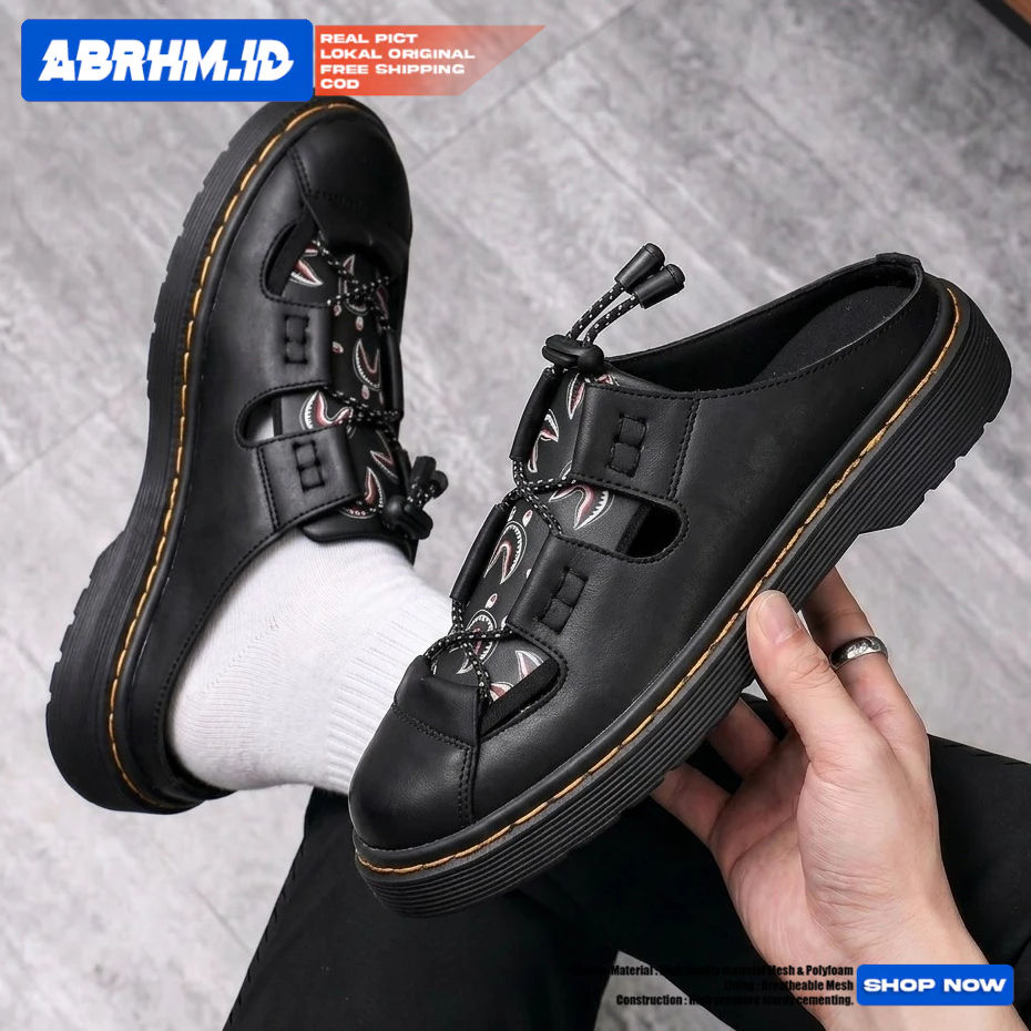 ABRHM Sepatu Sandal Pria Docmart Hitam Casual Slop Pria