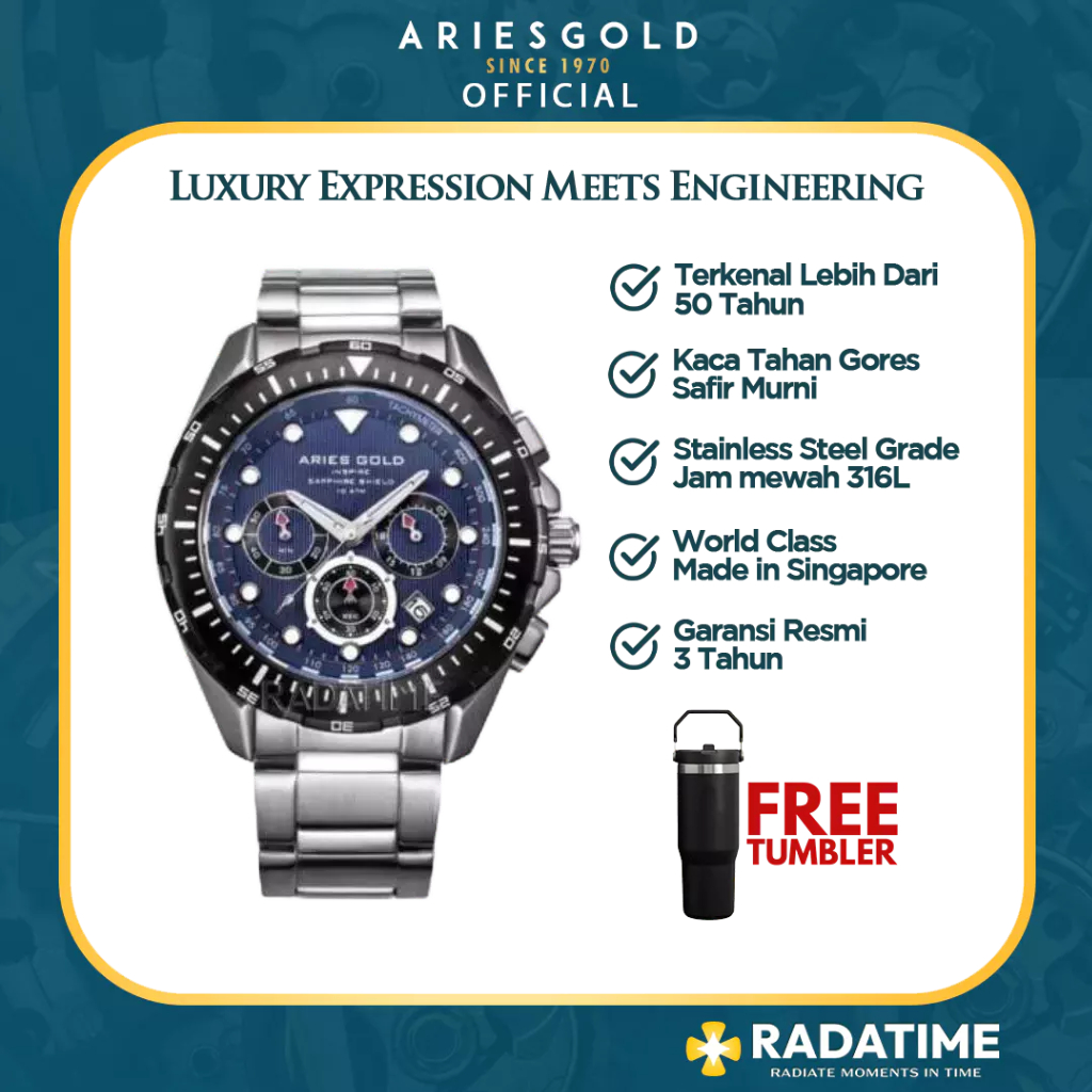 [FREE TUMBLER] Jam Tangan Pria Aries Gold Inspire Pioneer Atlantic 100% Original Solid - G-7002-SBK-