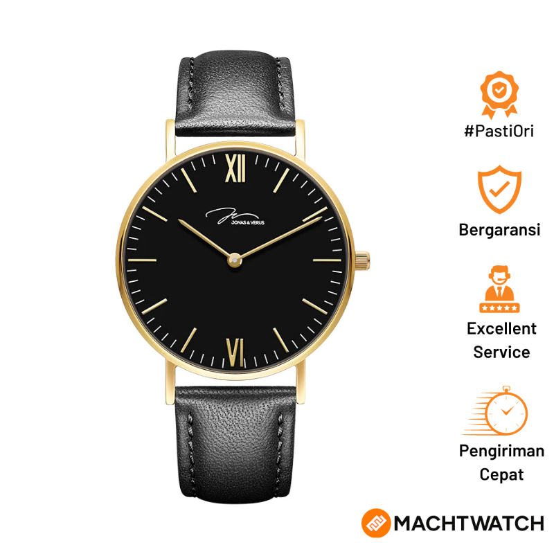 Jam Tangan Pria Jonas & Verus Jane Still Y01646-Q3.GGBLB Men Black Dial Black Leather Strap