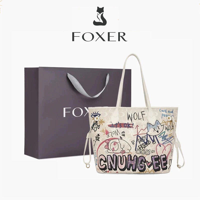 FOXER Tas Tote Besar Wanita Tas Bahu Grafiti Lucu Tas Wanita Modis dan Kreatif