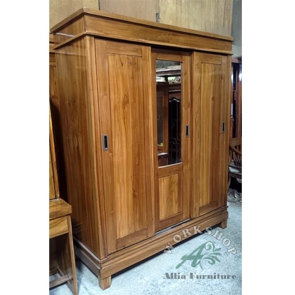 Lemari Pakaian 3 Pintu Geser Minimalis Kayu Jati Model M6 dengan Kaca Cermin