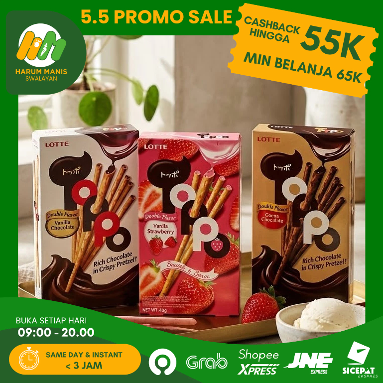 LOTTE TOPPO STIK 40GR / LOTTE TOPPO VANILLA STRAWBERRY 40GR / LOTTE TOPPO STIK COKLAT 40GR / LOTTE T
