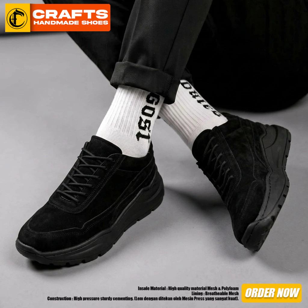 Sepatu Sneakers Pria Casual HItam Suede Tali Sole Chunky