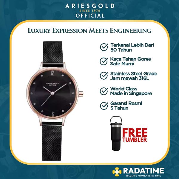 [FREE TUMBLER] Jam Tangan Wanita Aries Gold Original Meshwire Rose Gold Garansi L-5033Z-RG-BK