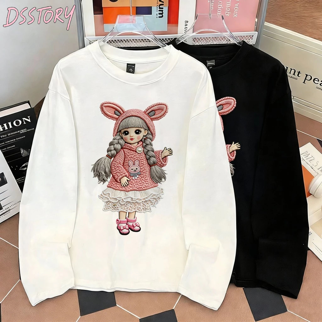 [COD] DSSTORY Kaos Lengan Panjang Oversize Pria Dan Wanita Putih Basic gadis dengan ekor kembar prin