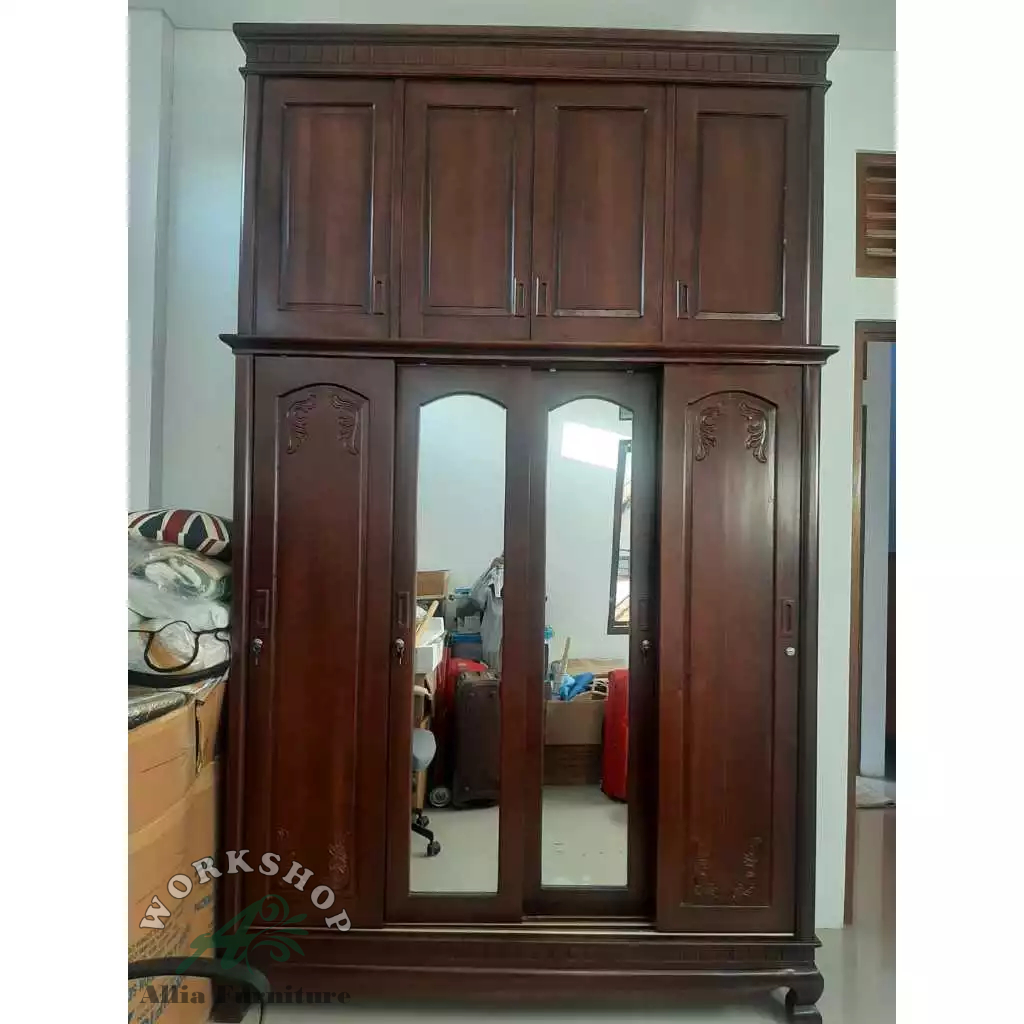 Lemari Pakaian Kayu Jati Model Paris Tinggi 300cm ( 3 meter ) dengan 4 Pintu Geser dan 2 Pintu Kaca 