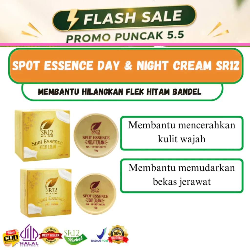 SPOT ESSENCE DAY & NIGHT CREAM SR12 STANDAR BPOM TUMPAS BEKAS JERAWAT , FLEK HITAM & NODA WAJAH
