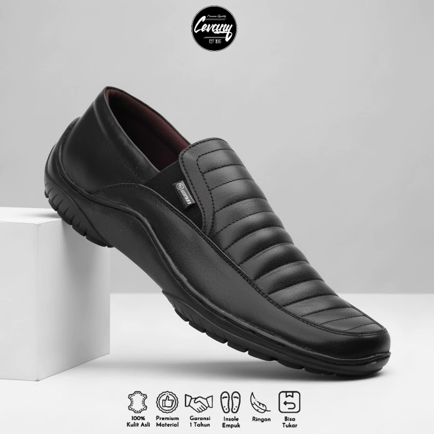 CEVANY - Sepatu Pantofel Slip On Pria Kulit Asli Formal Hitam Coklat Tan 38-43 - CORZA