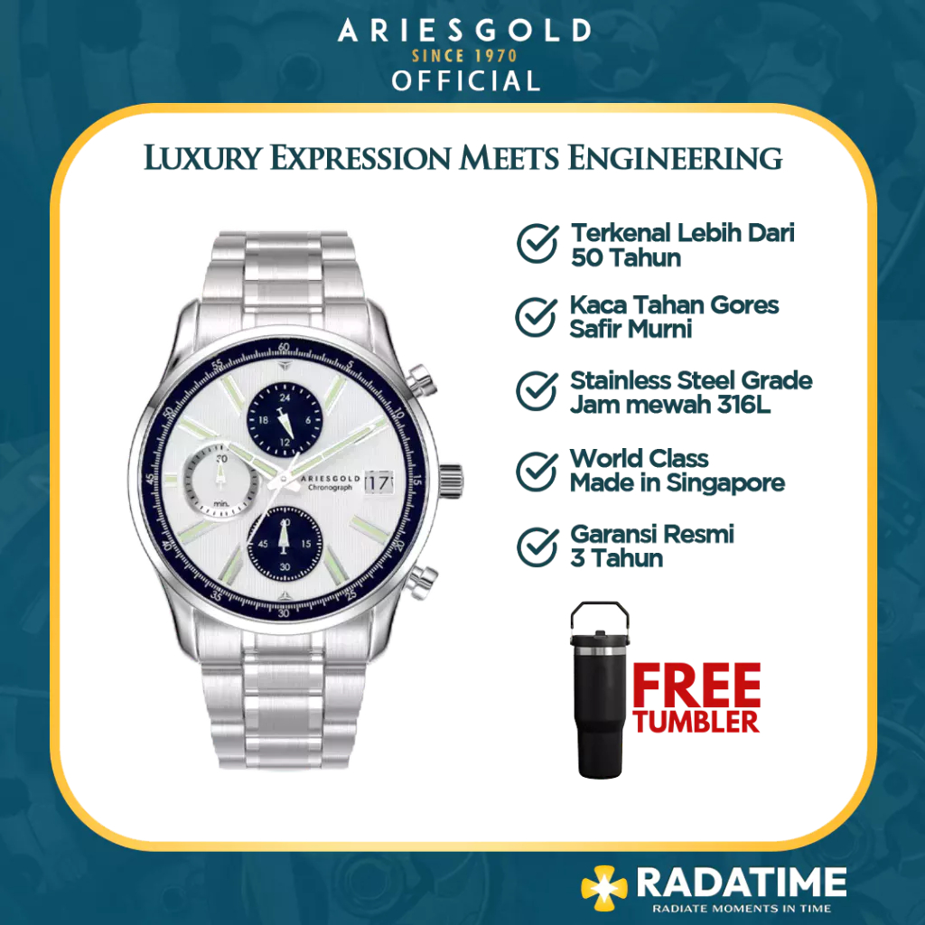 [FREE TUMBLER] Jam Tangan Pria Aries Gold Original & Garansi Resmi 2 Tahun  G-7020-S-SBU