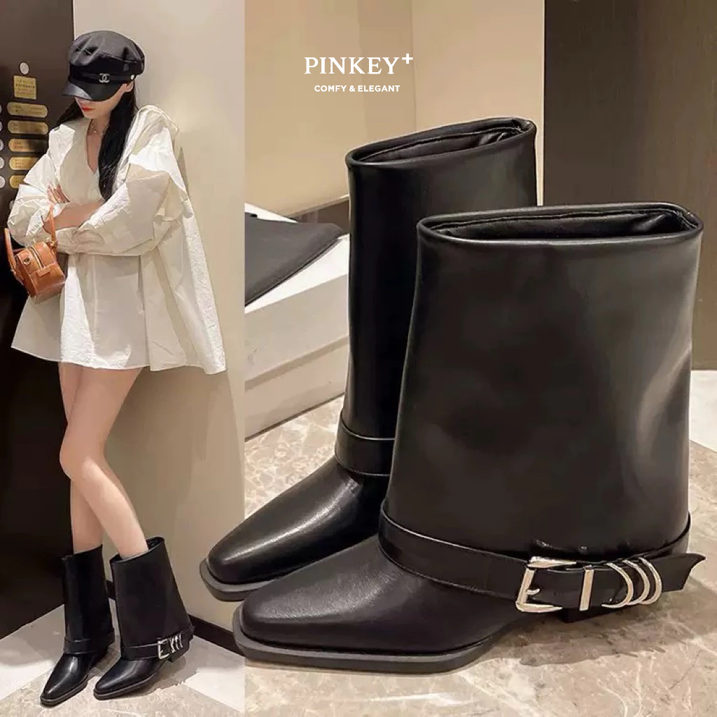 PINKEY P374 Sepatu Long Boots Wanita Sepatu Kulit Tinggi Boot Fashion Korean Style Hitam