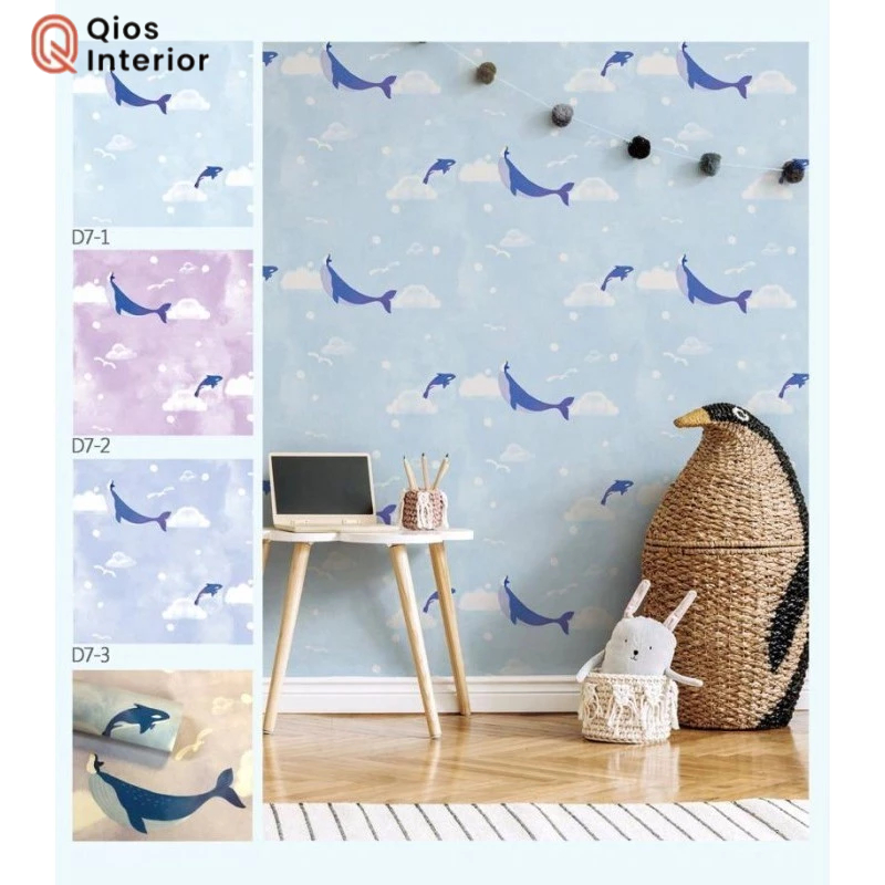Wallpaper Dinding vinyl anak motif ikan warna biru ungu premium 10m
