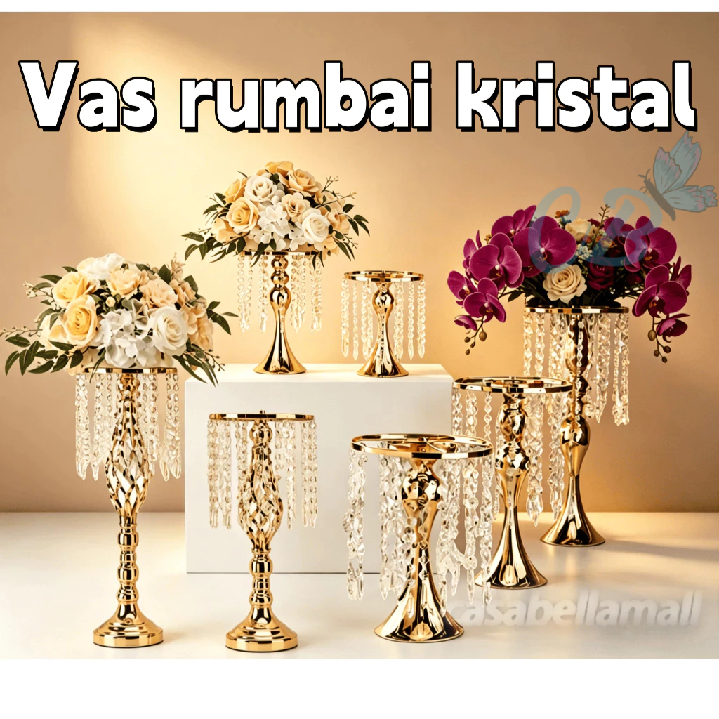 COD Vas Kristal Rumbai Dekoratif untuk Meja Pernikahan | Dekorasi Ruang Tamu Mewah | Dudukan Bunga L