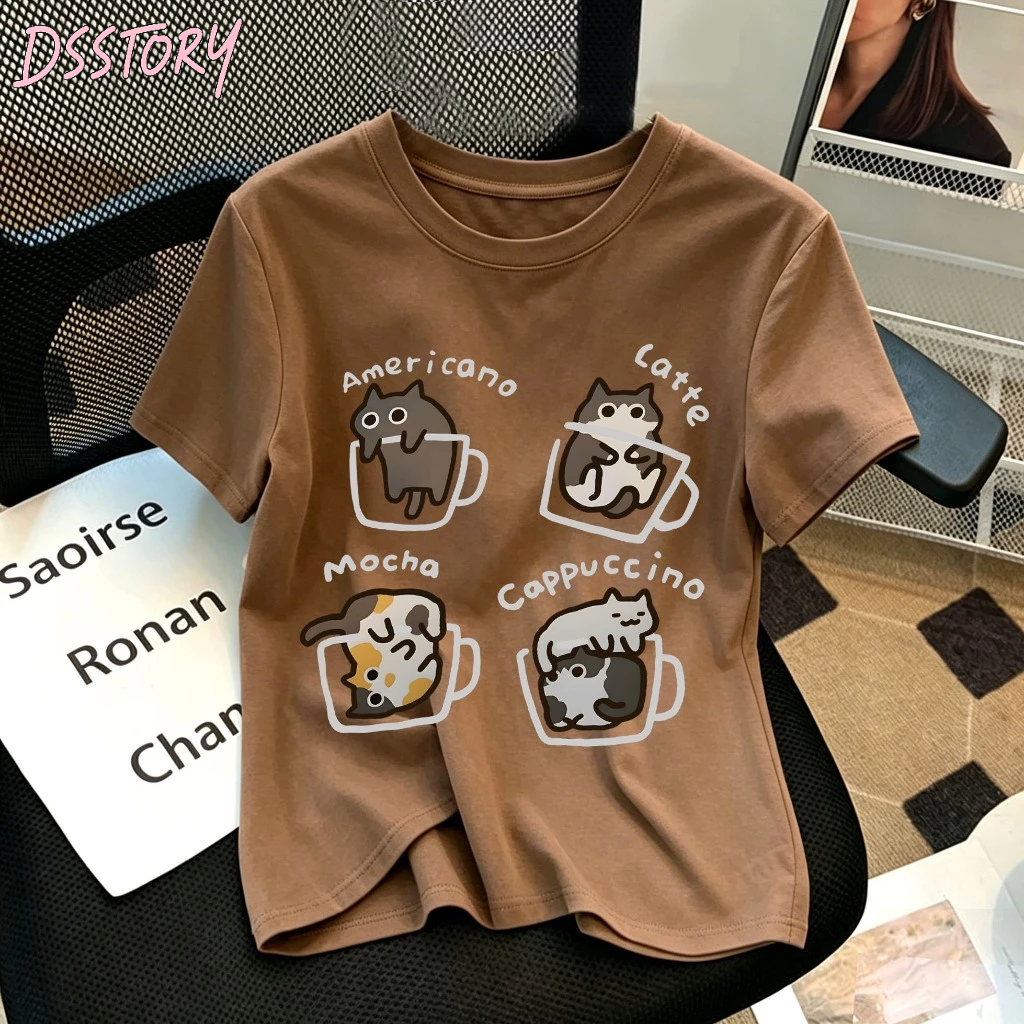 [COD]Kaos Pola Kartun Kucing korea Cokelat| baju atasan wanita terbaru | Kaos Ramping | 6.01
